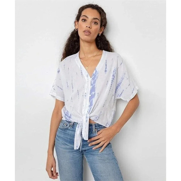 Rails Tops - Rails Thea Blouse Cloud Tie Dye White Blue Linen Tied Front Revolve XS MSRP $148